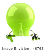 #46763 Royalty-Free (RF) Illustration Of A Green 3d Glass Light Bulb Mascot Giving The Peace Gesture And Holding A Blank Sign by Julos