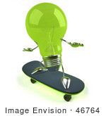 #46764 Royalty-Free (Rf) Illustration Of A Green 3d Glass Light Bulb Mascot Skateboarding - Version 2