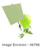 #46766 Royalty-Free (Rf) Illustration Of A Green 3d Glass Light Bulb Mascot Holding A Blank Sign On A Post - Version 1