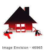 #46965 Royalty-Free (Rf) Illustration Of A 3d Red Chrome House Mascot Pointing Down And Standing Behind A Blank Sign