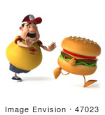 #47023 Royalty-Free (Rf) Illustration Of A 3d Fat Burger Boy Mascot Chasing A Cheeseburger - Version 1