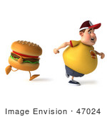 #47024 Royalty-Free (Rf) Illustration Of A 3d Fat Burger Boy Mascot Running From A Cheeseburger - Version 1