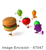 #47047 Royalty-Free (Rf) Illustration Of A 3d Cheeseburger Running From Healthy Veggies
