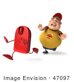 #47097 Royalty-Free (Rf) Illustration Of A 3d Fat Burger Boy Mascot Chasing A Red Scale