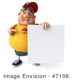 #47106 Royalty-Free (Rf) Illustration Of A 3d Fat Burger Boy Mascot Pointing To And Standing By A Blank Sign