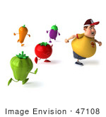 #47108 Royalty-Free (Rf) Illustration Of A 3d Fat Burger Boy Mascot Running Away From Vegetables