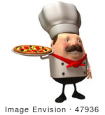 #47936 Royalty-Free (Rf) Illustration Of A 3d Chubby Executive Chef Mascot Serving A Pizza Pie - Version 2