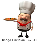 #47941 Royalty-Free (Rf) Illustration Of A 3d Chubby Executive Chef Mascot Serving A Pizza Pie - Version 1
