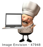 #47948 Royalty-Free (Rf) Illustration Of A 3d Chubby Executive Chef Mascot Holding A Laptop With A Blank Screen - Version 3