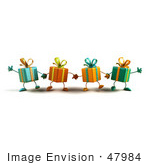 #47984 Royalty-Free (Rf) Illustration Of A Line Of Four 3d Present Mascots Facing Front And Holding Hands - Version 2