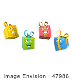 #47986 Royalty-Free (Rf) Illustration Of Four Yellow Green Red And Blue 3d Present Head Mascots