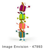 #47993 Royalty-Free (Rf) Illustration Of A Group Of Four 3d Present Mascots Standing On Top Of Each Other - Version 3