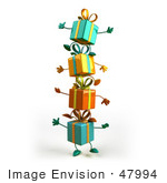 #47994 Royalty-Free (Rf) Illustration Of A Group Of Four 3d Present Mascots Standing On Top Of Each Other - Version 2
