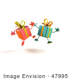 #47995 Royalty-Free (Rf) Illustration Of Two 3d Present Mascots Jumping - Version 3