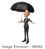 #48092 Royalty-Free (Rf) Illustration Of A 3d White Collar Businessman Mascot Standing Under An Umbrella - Version 2