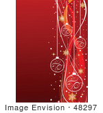 #48297 Clip Art Illustration Of A Red Xmas Background With Swooshy Red Ribbons Gold Snowflakes And White Baubles