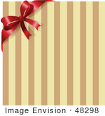 #48298 Clip Art Illustration Of A Red Bow On The Corner Of A Brown And Tan Striped Background  by pushkin