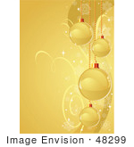 #48299 Clip Art Illustration Of A Golden Xmas Background Of Swirls Sparkles And Red And Gold Baubles