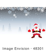 #48301 Clip Art Illustration Of A Friendly Santa On A Snowy Gray Background With Trees And Snowflakes