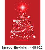 #48302 Clip Art Illustration Of A Starry Magic Xmas Tree Over Red