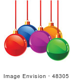 #48305 Clip Art Illustration Of A Cluster Of Shiny Glass Colorful Xmas Bulbs On Red Strings Over White