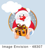 #48307 Clip Art Illustration Of Santa In A Circle With A Word Balloon, Holding Out A Present, On Blue by pushkin