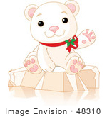 #48310 Clip Art Illustration Of A Cute Xmas Polar Bear Wearing Holly And Waving While Sitting On Ice by pushkin