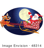 #48314 Clip Art Illustration Of Santa And Rudolph Flying By A Full Moon On The Eve Of Xmas