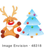 #48318 Clip Art Illustration Of Rudolph Trimming A Blue Icy Xmas Tree by pushkin