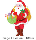 #48325 Clip Art Illustration Of Santa Holding A Green Sack Of Toys And A Gift