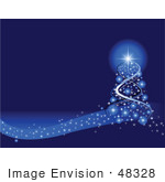 #48328 Clip Art Illustration Of A Magical Xmas Tree Of Blue Lights And A Bright Star Over Blue With A Wave Of Sparkles