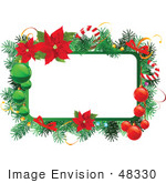 #48330 Clip Art Illustration Of A Blank Xmas Sign Trimmed In Boughs Baubles Candy Canes And Poinsettias
