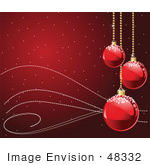 #48332 Clip Art Illustration Of A Red Snowy Xmas Background With Waves And Red Frosted Baubles