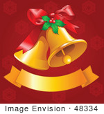#48334 Clip Art Illustration Of Golden Xmas Bells With Holly And A Blank Banner On Red by pushkin