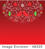 #48335 Clip Art Illustration Of A Cluster Of Ornaments And Birds On A Red Background