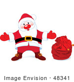 #48341 Clip Art Illustration Of A Happy Santa In His Suit Standing By A Red Toy Sack