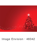 #48342 Clip Art Illustration Of A Red Xmas Tree With A Bright Star On A Red Sparkly Wave Over Red