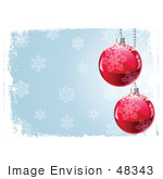 #48343 Clip Art Illustration Of Two Red Xmas Baubles With Snow, Hanging On A Blue Background With Grunge And Snowflakes  by pushkin
