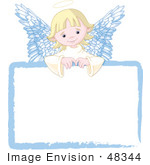#48344 Clip Art Illustration Of A Cute Blond Angel Girl Looking Over A Blank Sign by pushkin