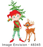 #48345 Clip Art Illustration Of A Cute Elf Carrying A Xmas Tree And Standing By Rudolph by pushkin