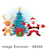 #48346 Clip Art Illustration Of Rudolph The Red Nosed Reindeer And Santa Presenting A Gift In Front Of A Xmas Tree by pushkin