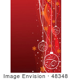 #48348 Clip Art Illustration Of A Red Xmas Background With A Right Border Of Baubles, Snowflakes, Snow And Waves by pushkin