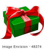 #48374 Clip Art Illustration Of A Green Present Box Adorned With Red Ribbons And A Bow by pushkin