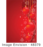#48379 Clip Art Illustration Of A Bright Red Vertical Xmas Holiday Background With Xmas Bulbs, Waves And Snowflakes by pushkin