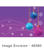 #48380 Clip Art Illustration Of A Purple Snowflake Background With Blue And Purple Hanging Xmas Ornaments by pushkin