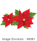 #48381 Clip Art Illustration Of Two Blooming Red Xmas Poinsettias And Green Leaves by pushkin