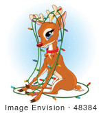#48384 Clip Art Illustration Of Rudolph Tangled In A Strand Of Xmas Lights by pushkin