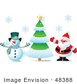 #48388 Clip Art Illustration Of Frosty The Snowman And Santa Claus Waving By A Xmas Tree by pushkin