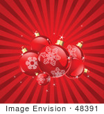 #48391 Clip Art Illustration Of A Red Bursting Background With Shiny Xmas Balls With Snowflake Designs