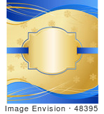 #48395 Clip Art Illustration Of A Blank Golden Xmas Text Box Over A Gold Snowflake And Blue Wave Background